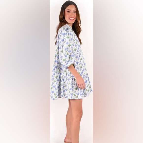 Blue and Green Tiered Mini Sundress with Puff Sleeves - Picture 4 of 5